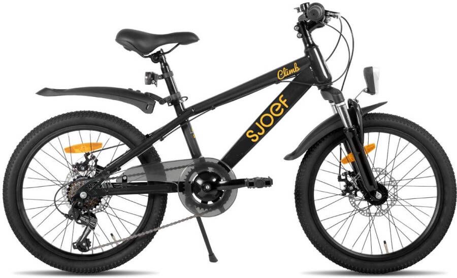 SJOEF Climb Jongensfiets Mountainbike 20 inch Kinderfiets 6 7 & 8 Jaar 6 Versnellingen Schijfremmen Verende voorvork Spatborden Kettingkast LED verlichting