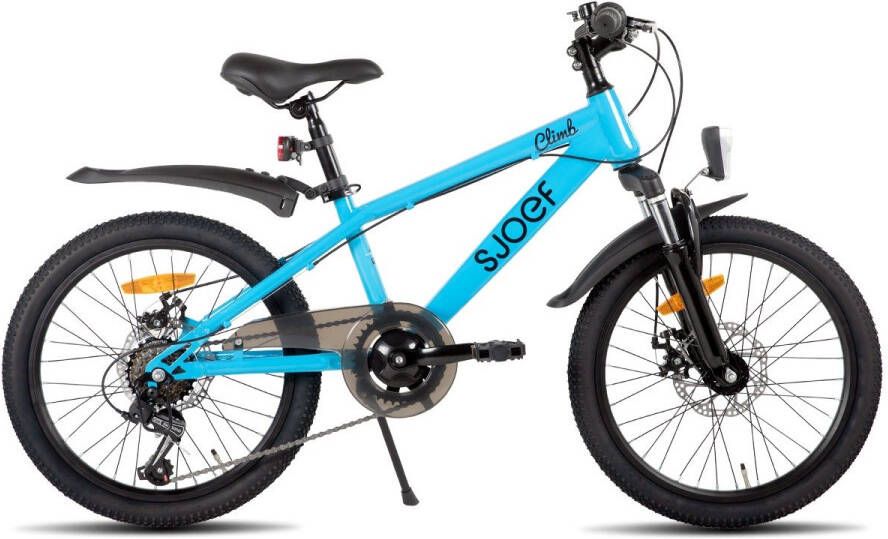 SJOEF Climb Jongensfiets Mountainbike 20 inch Kinderfiets 6 7 & 8 Jaar 6 Versnellingen Schijfremmen Verende voorvork Spatborden Kettingkast LED verlichting