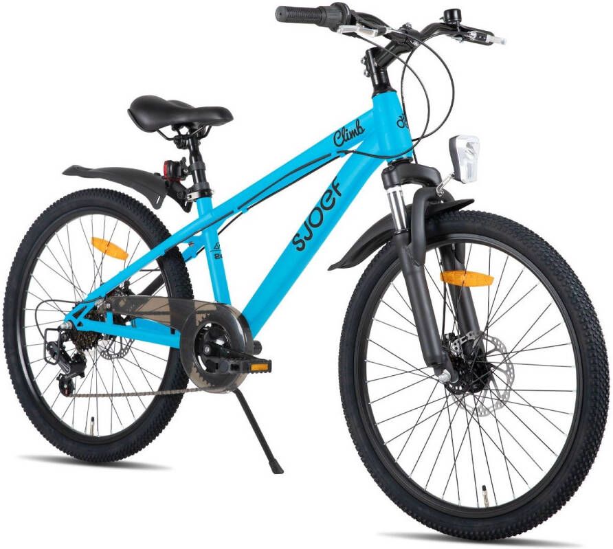 SJOEF Climb Jongensfiets Mountainbike 24 inch Kinderfiets 8-12 Jaar 6 Versnellingen Schijfremmen Verende voorvork Spatborden Kettingkast LED verlichting Blauw