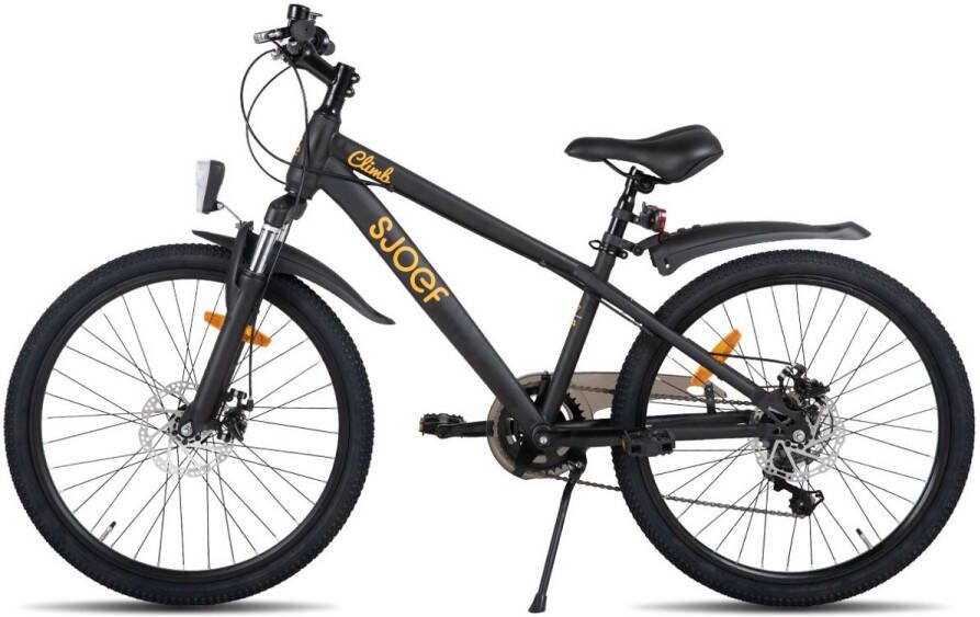 SJOEF Climb Jongensfiets Mountainbike 24 inch Kinderfiets 8-12 Jaar 6 Versnellingen Schijfremmen Verende voorvork Spatborden Kettingkast LED verlichting Zwart - Foto 2