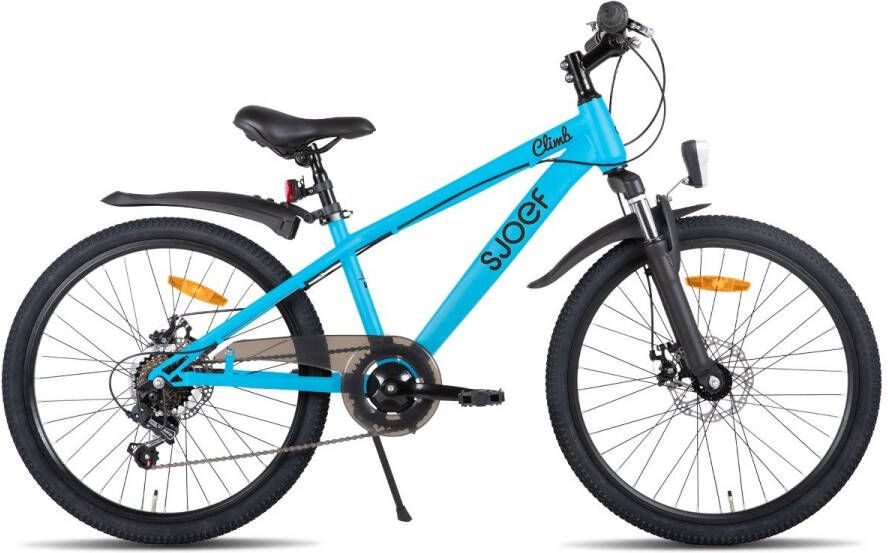 SJOEF Climb Jongensfiets Mountainbike 24 inch Kinderfiets 8-12 Jaar 6 Versnellingen Schijfremmen Verende voorvork Spatborden Kettingkast LED verlichting Blauw