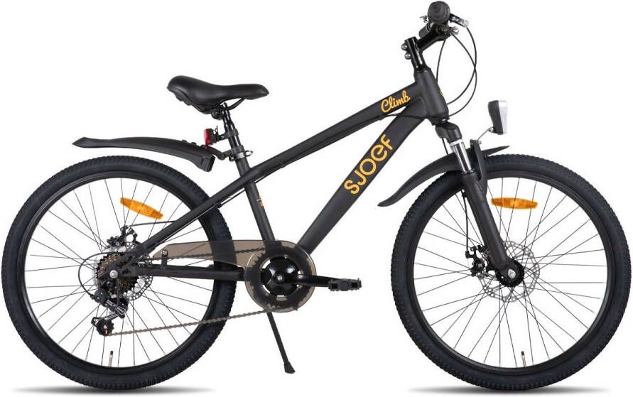 SJOEF Climb Jongensfiets Mountainbike 24 inch Kinderfiets 8-12 Jaar 6 Versnellingen Schijfremmen Verende voorvork Spatborden Kettingkast LED verlichting Zwart