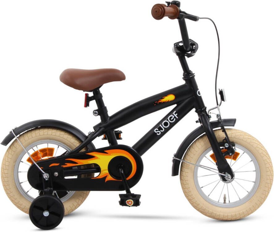 SJOEF Cruise Jongensfiets 12 inch Mat Zwart Kinderfiets met zijwieltjes Leeftijd 2 3 & 4 jaar Kledingmaat 90-105 Fiets 12 inch