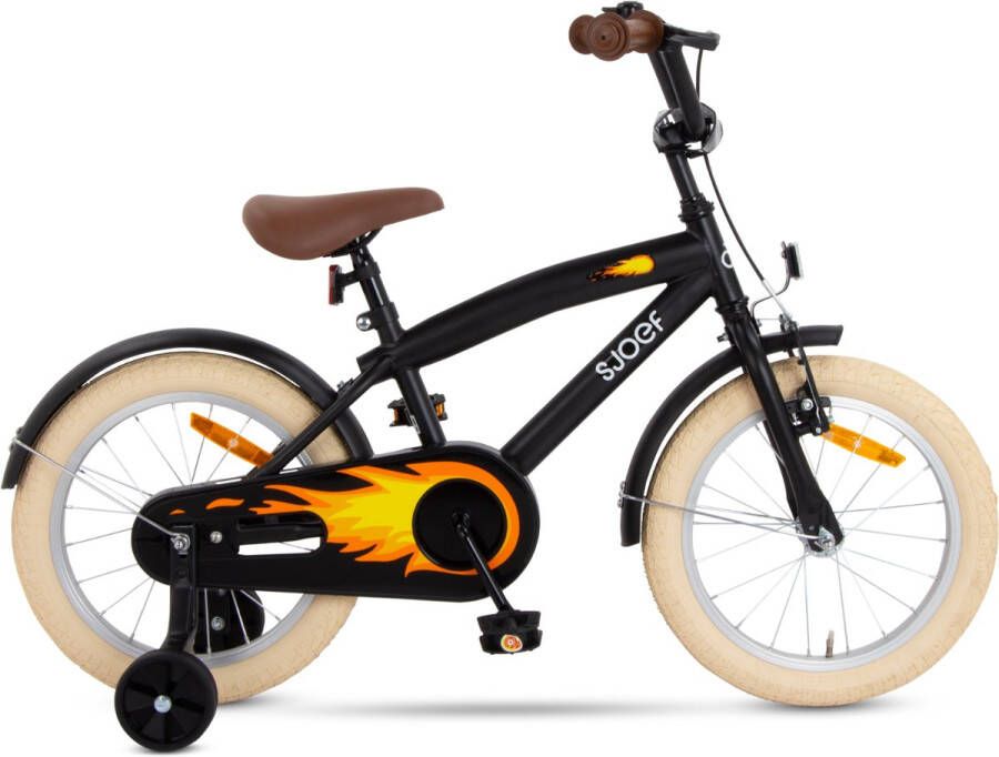 SJOEF Cruise Jongensfiets 16 inch Mat Zwart Kinderfiets met zijwieltjes Leeftijd 4 5 & 6 jaar Kledingmaat 103-118 Fiets 16 inch