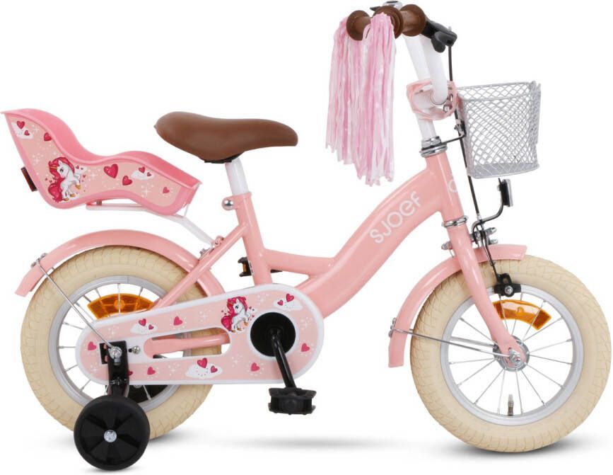 SJOEF Dolly Meisjesfiets 12 inch Roze Unicorn Design Kinderfiets met zijwieltjes 2 3 & 4 jaar 90-105 Kledingmaat Roze Fiets 12 inch