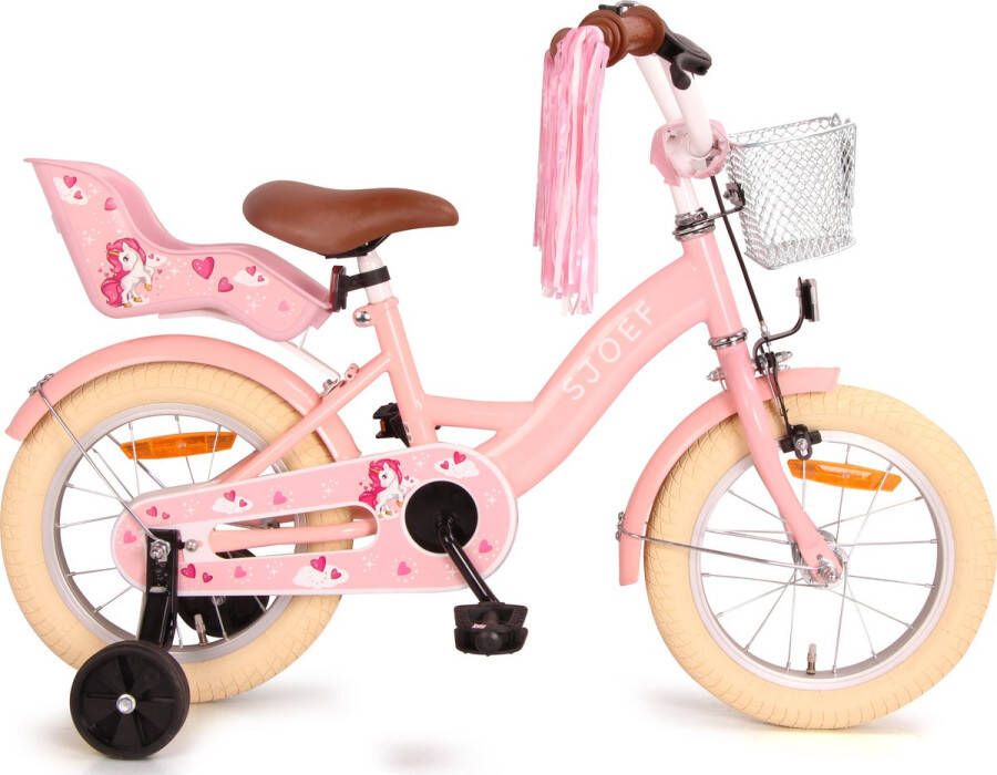 SJOEF Dolly Meisjesfiets 14 inch Roze Unicorn Design Kinderfiets met zijwieltjes 3 4 & 5 jaar 98-108 Kledingmaat Roze Fiets 14 inch