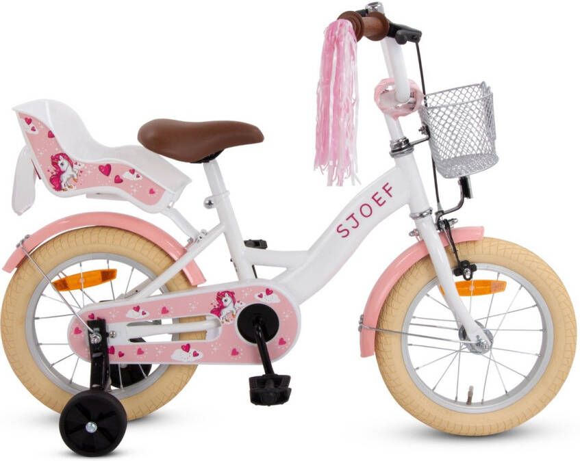 SJOEF Dolly Meisjesfiets 14 inch Roze Unicorn Design Kinderfiets met zijwieltjes 3 4 & 5 jaar 98-108 Kledingmaat Witte Fiets 14 inch