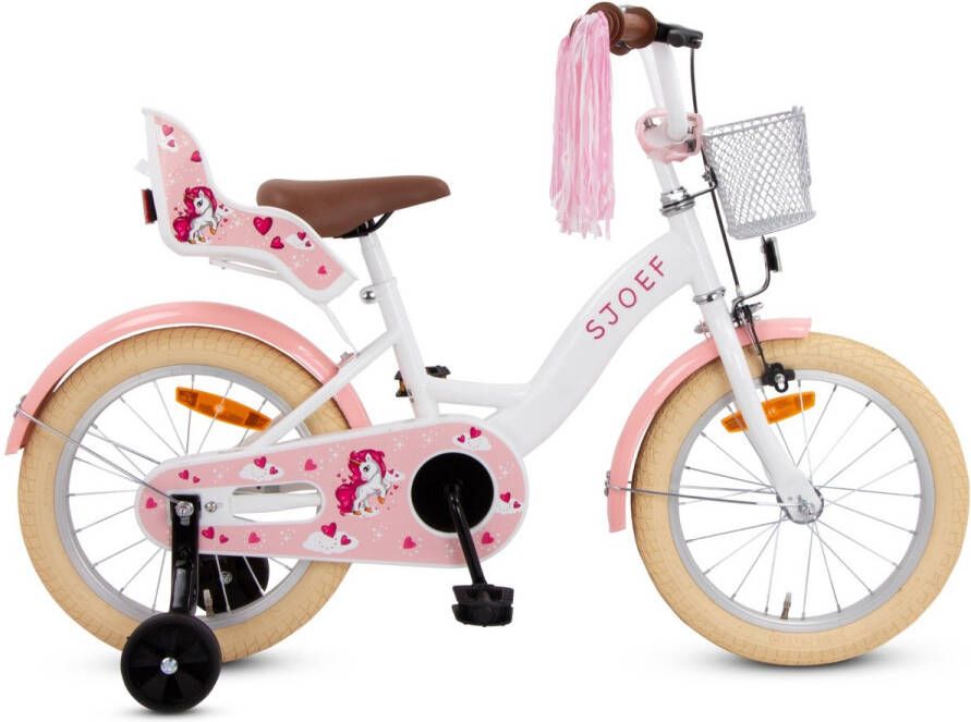 SJOEF Dolly Meisjesfiets 16 inch Roze Unicorn Design Kinderfiets met zijwieltjes 4 5 & 6 jaar 103-118 Kledingmaat Witte Fiets 16 inch
