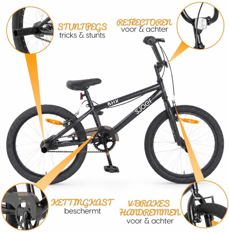 SJOEF BMX Fiets 20 inch voor en Kinderfiets met Stuntpegs Voor 6 7 en 8 Jaar en Volwassene Mat Zwart