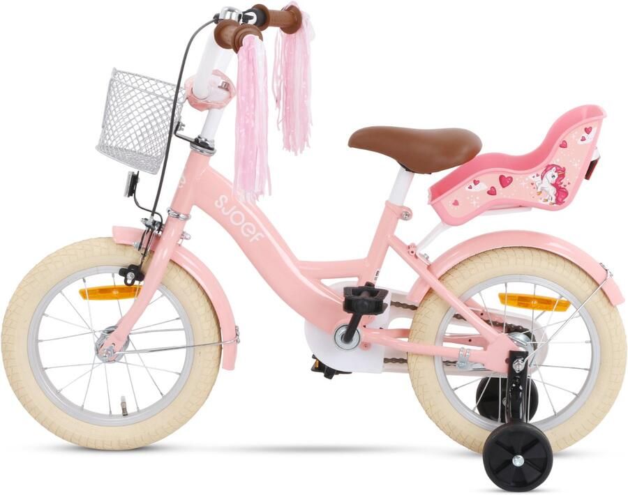SJOEF Dolly Meisjesfiets 14 inch Roze Unicorn Design Kinderfiets met zijwieltjes 3 4 & 5 jaar 98-108 Kledingmaat Roze Fiets 14 inch