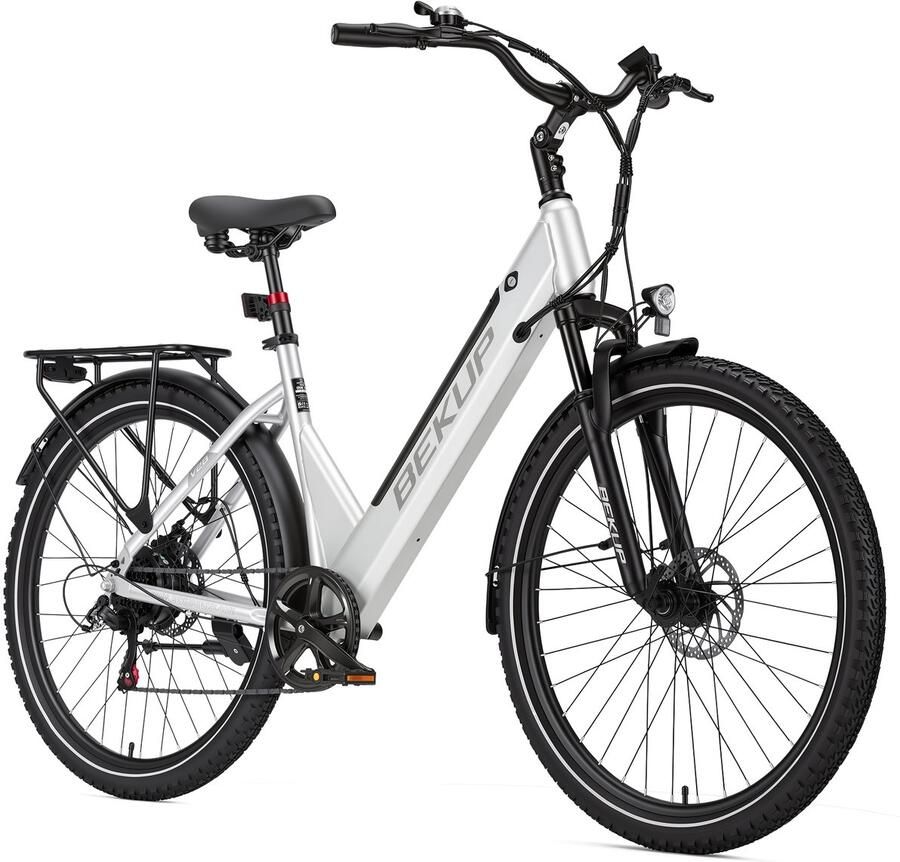SmartAI 28 inch Elektrische stadsfiets Comfortabele stadsfiets 522Wh lange actieradius accu 250W achterwielmotor 45Nm koppel Shi o 7 versnellingen Schijfrem voor en achter LCD-display Geveerde zadelpen Zilver