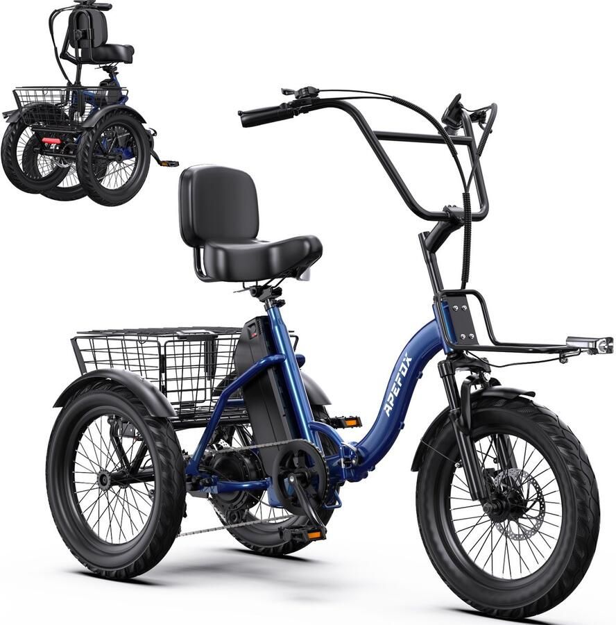 SmartAI Elektrische Driewieler 18 Inch 48V 15Ah Accu Klapfiets E-Bakfiets Elektrische Fiets Elektrische Vrachtsfiets 150kg 80km Bereik Grote groente den aan de voor- en achterkant Elektrische vouwfietsen Blauw