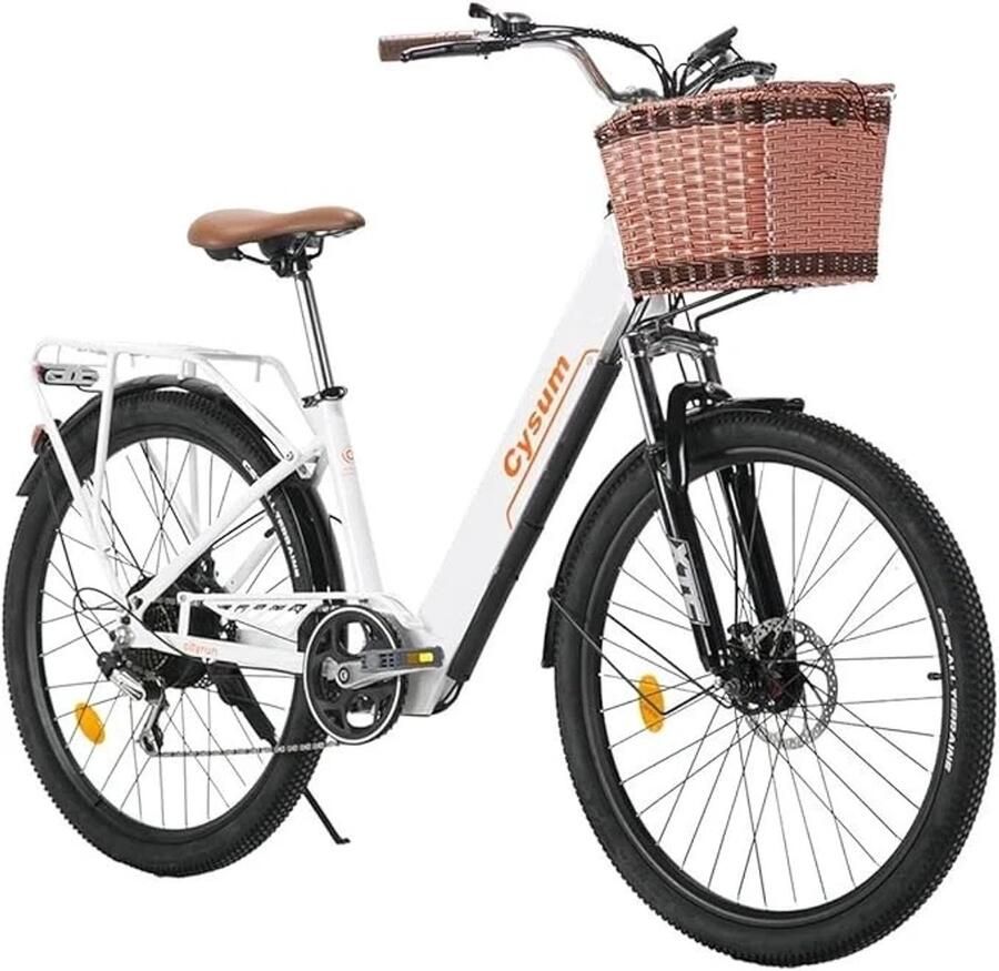 SmartAI Elektrische Fiets -26 Inch E-bike 36V 10Ah Uitneembare Accu Actieradius 80 km Shimano 7 Versnellingen Schijfremmen Verlichting- Elektrische stadsfietsen- Elektrische fietsen voor dames- Ideaal voor Woon-werkverkeer -Wit