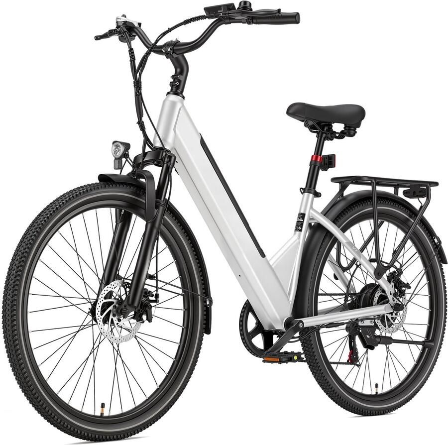 SmartAI Elektrische fiets Actieradius 80km Verwijderbare batterij 48V 10.4Ah Motor 250W Shi o 7 versnellingen 26 Inch City Commuter EBike Wit