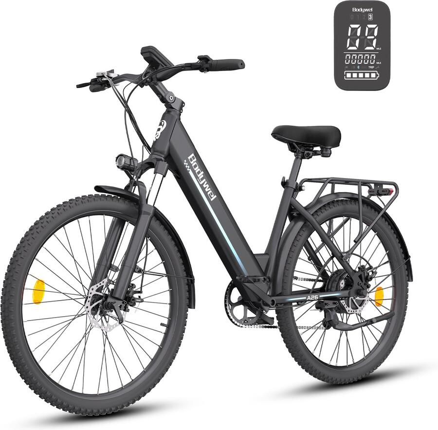 SmartAI Elektrische Fiets Motor 250W Actieradius 80km Verwijderbare batterij 36V13Ah Shi o 7 versnellingen 26 Inch City Commuter EBike Zwart