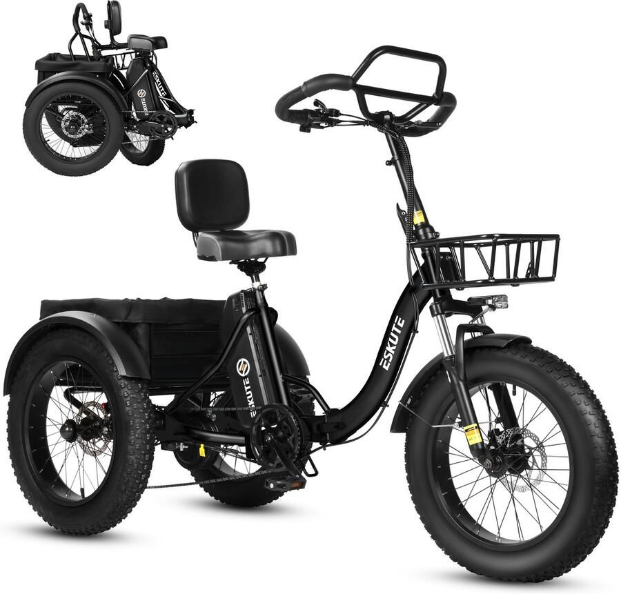 SmartAI Opvouwbaar Elektrisch Driewieler – 250W Dik Klapfiets E-Bakfiets – 48V 20.8Ah Accu – 20x4.0 Vetbanden – 7 versnellingen – 130km Bereik – 20 Inch Elektrische vouwfietsen – Zwart