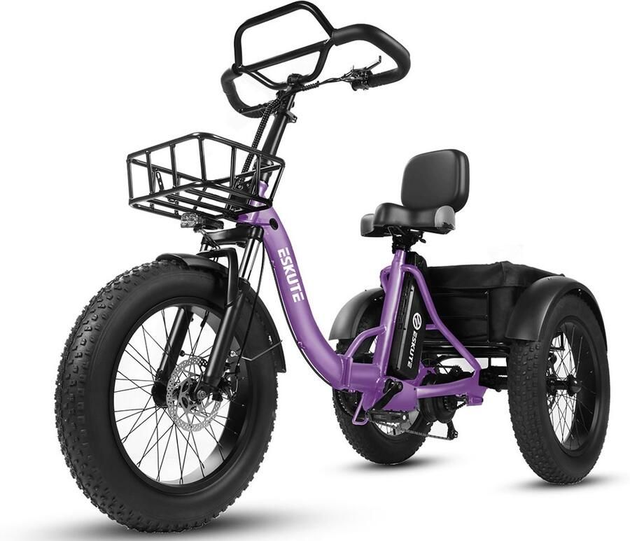 SmartAI Opvouwbaar Elektrisch Driewieler – 250W Dik Klapfiets E-Bakfiets – 48V 20.8Ah Accu – 20x4.0 Vetbanden – 7 versnellingen – 130km Bereik – 20 Inch Elektrische vouwfietsen – Paars