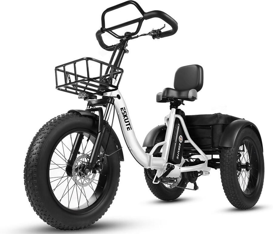 SmartAI Opvouwbaar Elektrisch Driewieler – 250W Dik Klapfiets E-Bakfiets – 48V 20.8Ah Accu – 20x4.0 Vetbanden – 7 versnellingen – 130km Bereik – 20 Inch Elektrische vouwfietsen – Wit