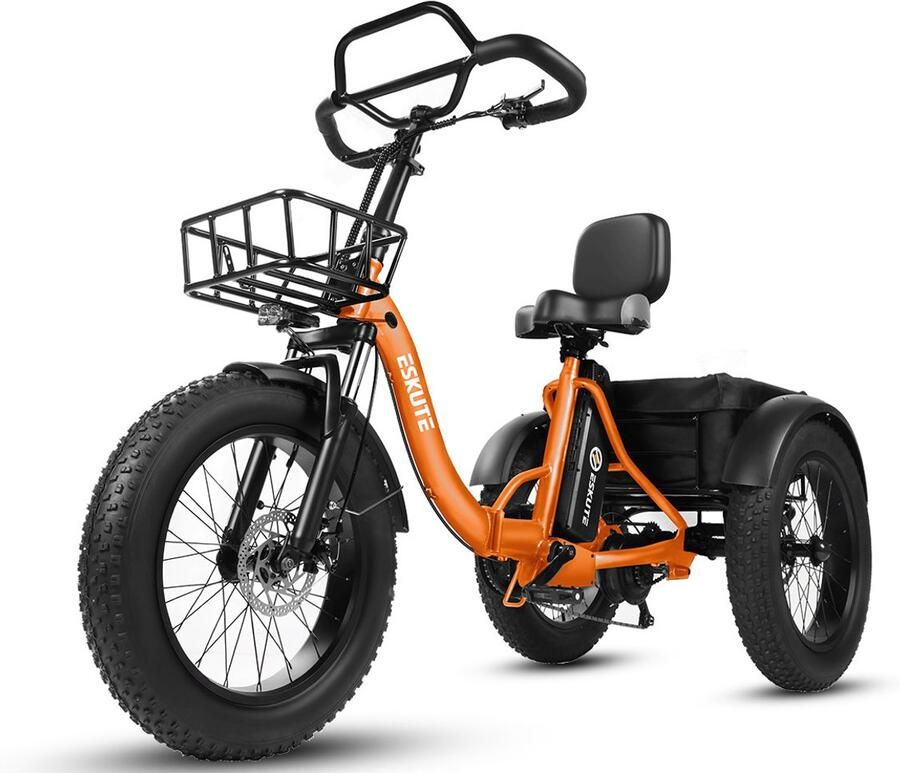 SmartAI Opvouwbaar Elektrisch Driewieler – 250W Dik Klapfiets E-Bakfiets – 48V 20.8Ah Accu – 20x4.0 Vetbanden – 7 versnellingen – 130km Bereik – 20 Inch Elektrische vouwfietsen – Oranje kleur