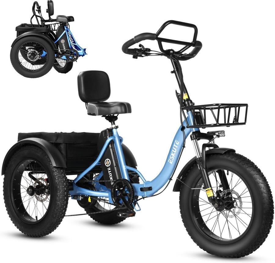 SmartAI Opvouwbaar Elektrisch Driewieler – 250W Dik Klapfiets E-Bakfiets – 48V 20.8Ah Accu – 20x4.0 Vetbanden – 7 versnellingen – 130km Bereik – 20 Inch Elektrische vouwfietsen – Blauw