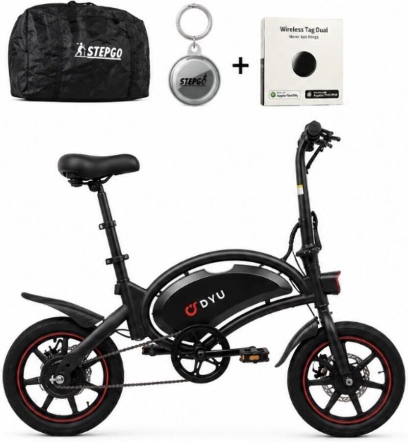 Stepgo Elektrische vouwfiets DYU D3F(S) elektrische fiets opvouwbaar vouwbaar 25 km h trapondersteuning + waterdichte beschermhoes reistas en tracker met traceer systeem