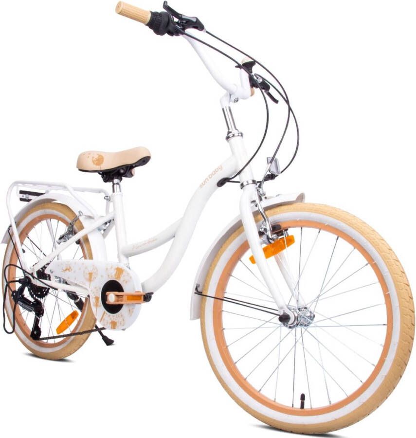 Sun Baby Flower Bike Fiets voor een meisje van 6 tot 10 jaar 20 inch Wit Beige 6 versnellingen Shimano kinderfiets in hoogte verstelbaar