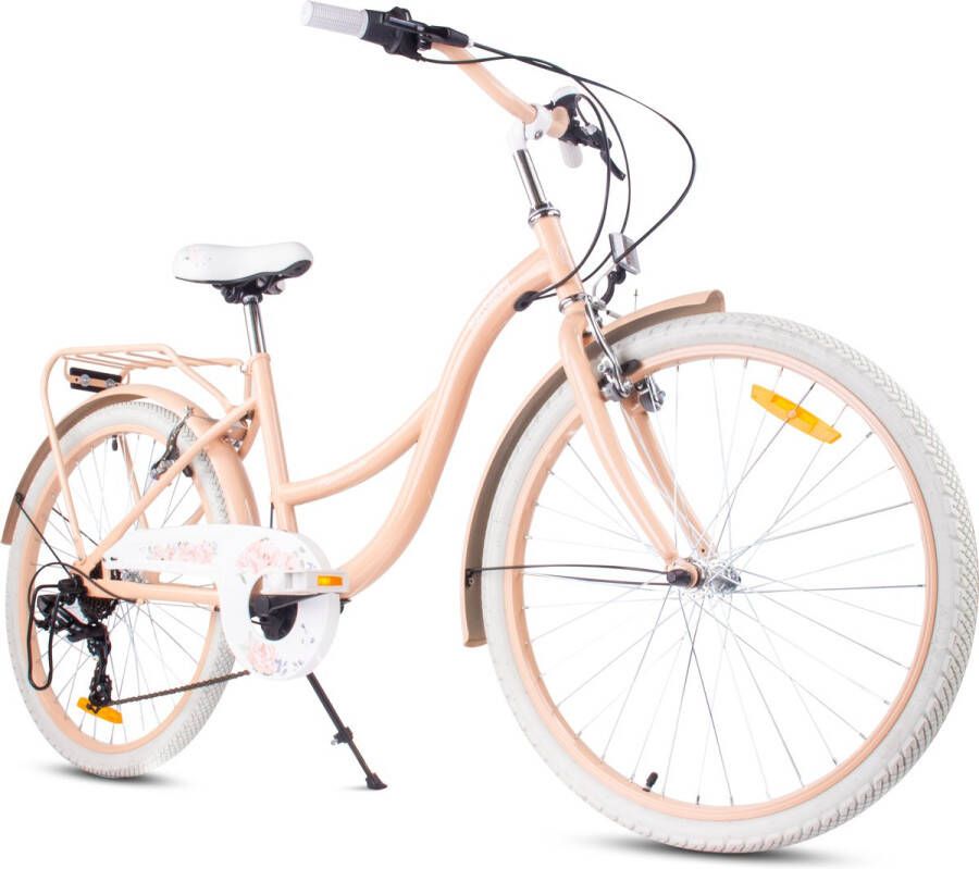 Sun Baby Flower Bike Kinderfiets 24 inch meisjes van 8 tot 12 jaar Abrikoos Fiets voor een meisje met 7 versnellingen bagagedrager metalen spatborden V-brake kettingkast