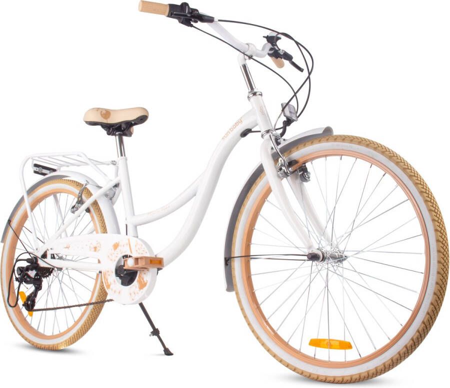 Sun Baby Flower Bike Kinderfiets 24 inch meisjes van 8 tot 12 jaar Beige en wit Fiets voor een meisje met 7 versnellingen bagagedrager metalen spatborden V-brake kettingkast