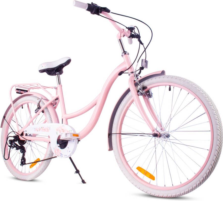 Sun Baby Flower Bike Kinderfiets 24 inch meisjes van 8 tot 12 jaar Roze Fiets voor een meisje met 7 versnellingen bagagedrager metalen spatborden V-brake kettingkast