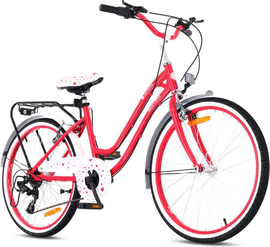 Sun Baby Heart Bike Kinderfiets 24 inch meisjes van 8 tot 12 jaar Framboos Fiets voor een meisje met 7 versnellingen bagagedrager metalen spatborden V-brake kettingkast