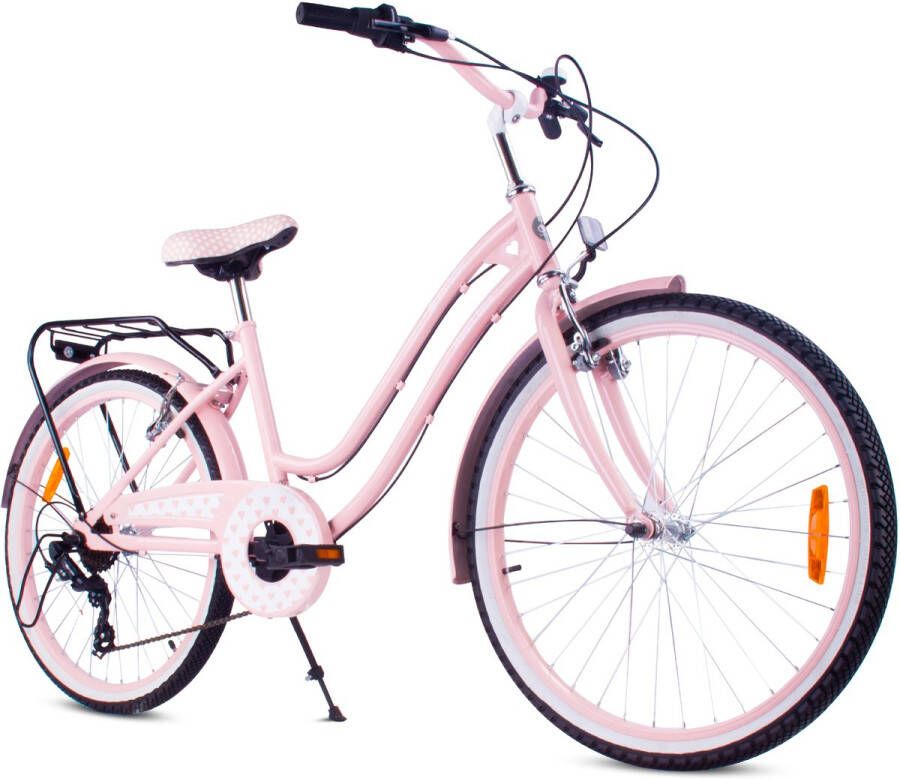 Sun Baby Heart Bike Kinderfiets 24 inch meisjes van 8 tot 12 jaar Roze Fiets voor een meisje met 7 versnellingen bagagedrager metalen spatborden V-brake kettingkast