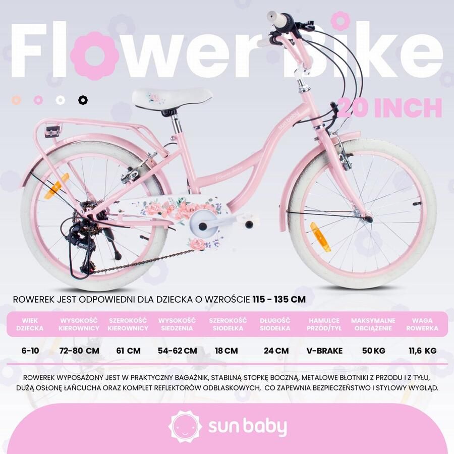 Sun Baby Flower Bike Fiets voor een meisje van 6 tot 10 jaar 20 inch Roze 6 versnellingen Shimano kinderfiets in hoogte verstelbaar