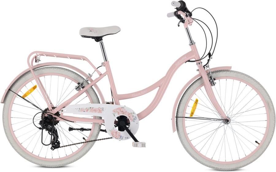 Sun Baby Flower Bike Kinderfiets 24 inch meisjes van 8 tot 12 jaar Roze Fiets voor een meisje met 7 versnellingen bagagedrager metalen spatborden V-brake kettingkast
