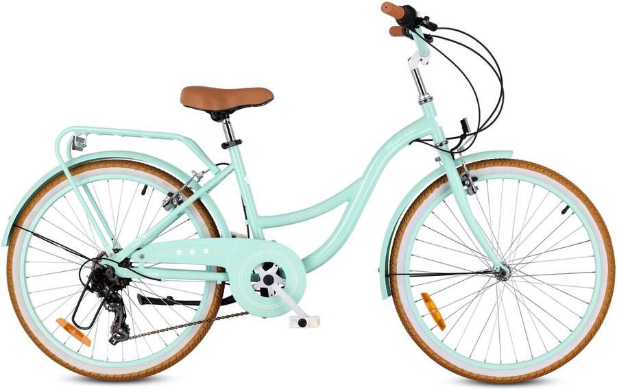 Sun Baby FLOWER BIKE RETRO Kinderfiets 24 inch Fiets voor een meisje 24 7 versnellingen stalen frame V-brakes spatborden kettingkast verlichting bel verstelbaar Mint