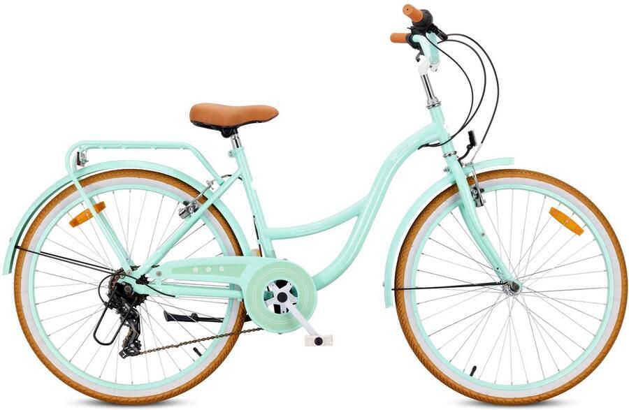 Sun Baby FLOWER BIKE RETRO Stadsfiets dames 26 fiets voor vrouwen damen meisjes fiets 26 inch 7 versnellingen V-brakes stalen frame bagagedrager spatborden Mint