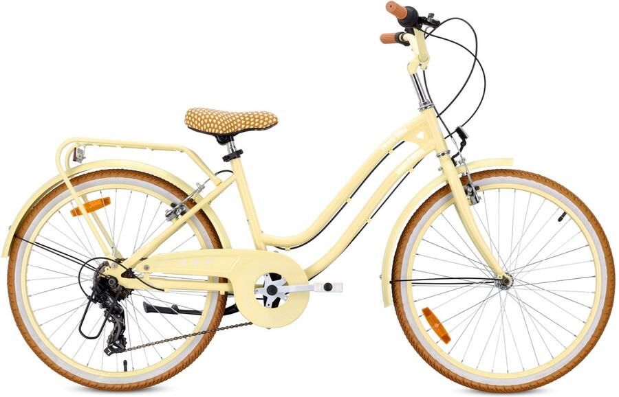Sun Baby Heart Bike Kinderfiets 24 inch meisjes van 8 tot 12 jaar Butter Yellow Fiets voor een meisje met 7 versnellingen bagagedrager metalen spatborden V-brake kettingkast