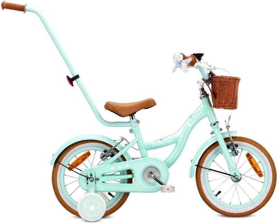Sun Baby Kinderfiets 14 Inch FLOWER BIKE Retro Fiets voor Meisje 3-5 Jaar Max 50 kg V-brakes zijwielen bel reflectoren stalen frame verstelbaar Mint