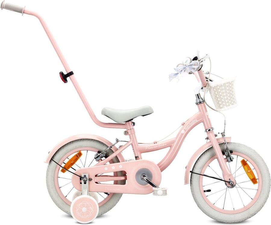 Sun Baby Kinderfiets 14 Inch FLOWER BIKE Retro Fiets voor Meisje 3-5 Jaar Max 50 kg V-brakes zijwielen bel reflectoren stalen frame verstelbaar Roze