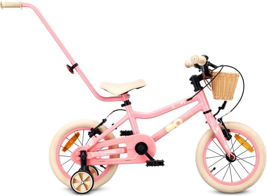 Sun Baby Kinderfiets 14 Inch LOOFI Fiets voor Meisje 3-5 Jaar Max 50 kg lichtgewicht 6.6 kg aluminium frame met zijwieltjes mandje bel stickers Roze