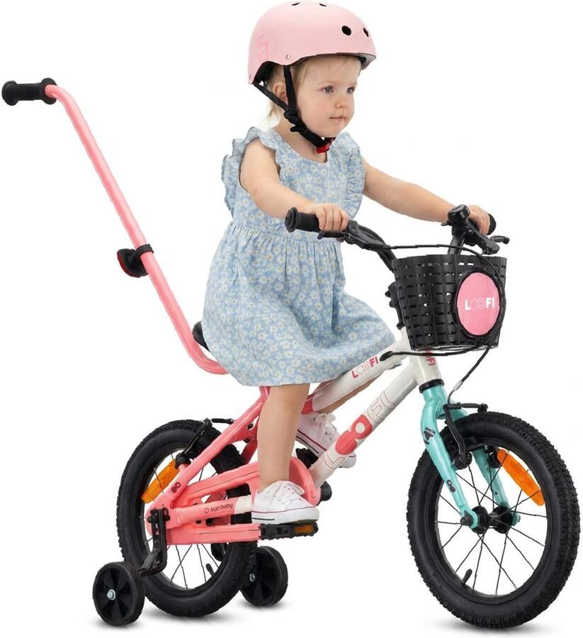 Sun Baby Kinderfiets 14 Inch LOOFI Fiets voor Meisje 3-5 Jaar Max 50 kg lichtgewicht 6.6 kg aluminium frame met zijwieltjes mandje bel stickers Wit-Roze-Mint - Foto 2