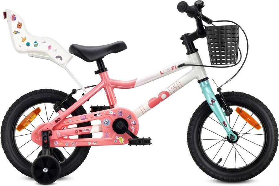 Sun Baby Kinderfiets 14 Inch LOOFI Fiets voor Meisje 3-5 Jaar Max 50 kg lichtgewicht 6.6 kg aluminium frame met poppenzitje zijwieltjes mandje bel stickers Wit-Roze-Mint - Foto 3