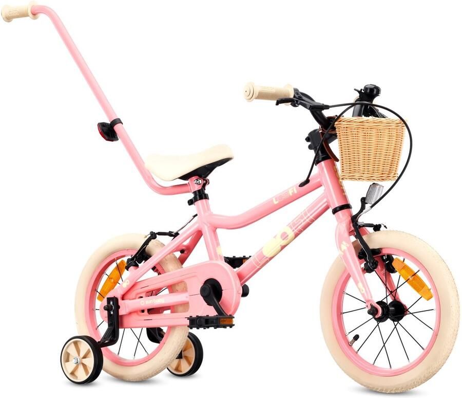 Sun Baby Kinderfiets 14 Inch LOOFI Fiets voor Meisje 3-5 Jaar Max 50 kg lichtgewicht 6.6 kg aluminium frame met zijwieltjes mandje bel stickers Roze