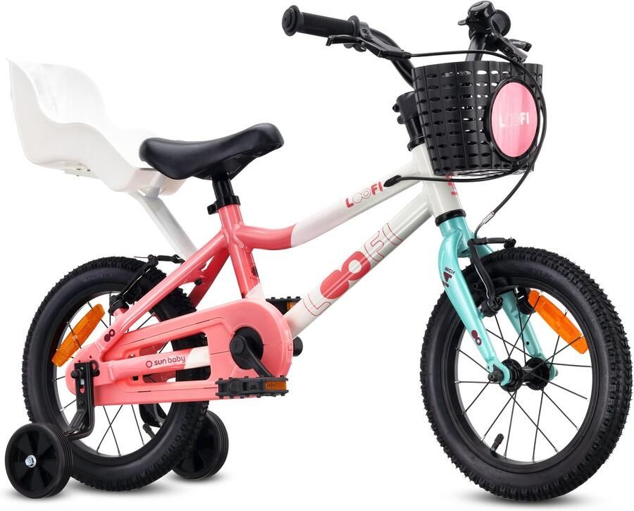 Sun Baby Kinderfiets 14 Inch LOOFI Fiets voor Meisje 3-5 Jaar Max 50 kg lichtgewicht 6.6 kg aluminium frame met poppenzitje zijwieltjes mandje bel stickers Wit-Roze-Mint - Foto 2