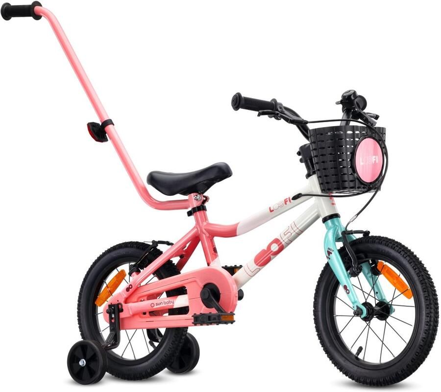 Sun Baby Kinderfiets 14 Inch LOOFI Fiets voor Meisje 3-5 Jaar Max 50 kg lichtgewicht 6.6 kg aluminium frame met zijwieltjes mandje bel stickers Wit-Roze-Mint - Foto 3