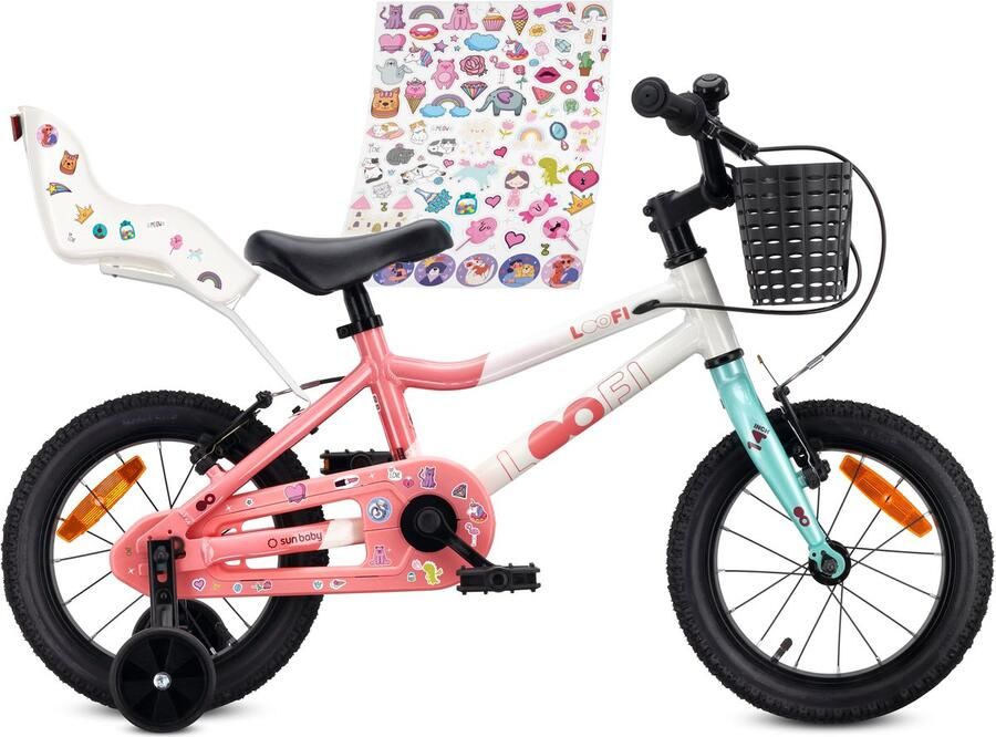 Sun Baby Kinderfiets 14 Inch LOOFI Fiets voor Meisje 3-5 Jaar Max 50 kg lichtgewicht 7 2 kg aluminium frame met poppenzitje zijwieltjes mandje bel stickers Wit-Roze-Mint