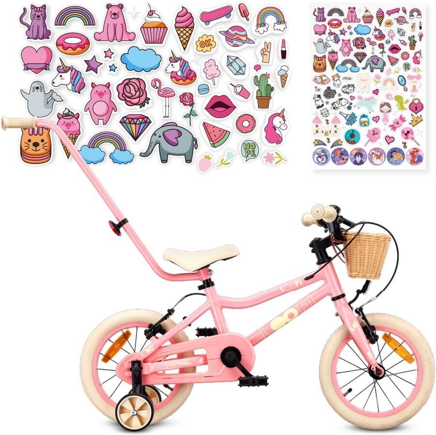 Sun Baby Kinderfiets 14 Inch LOOFI Fiets voor Meisje 3-5 Jaar Max 50 kg lichtgewicht 7 2 kg aluminium frame met zijwieltjes mandje bel stickers Roze