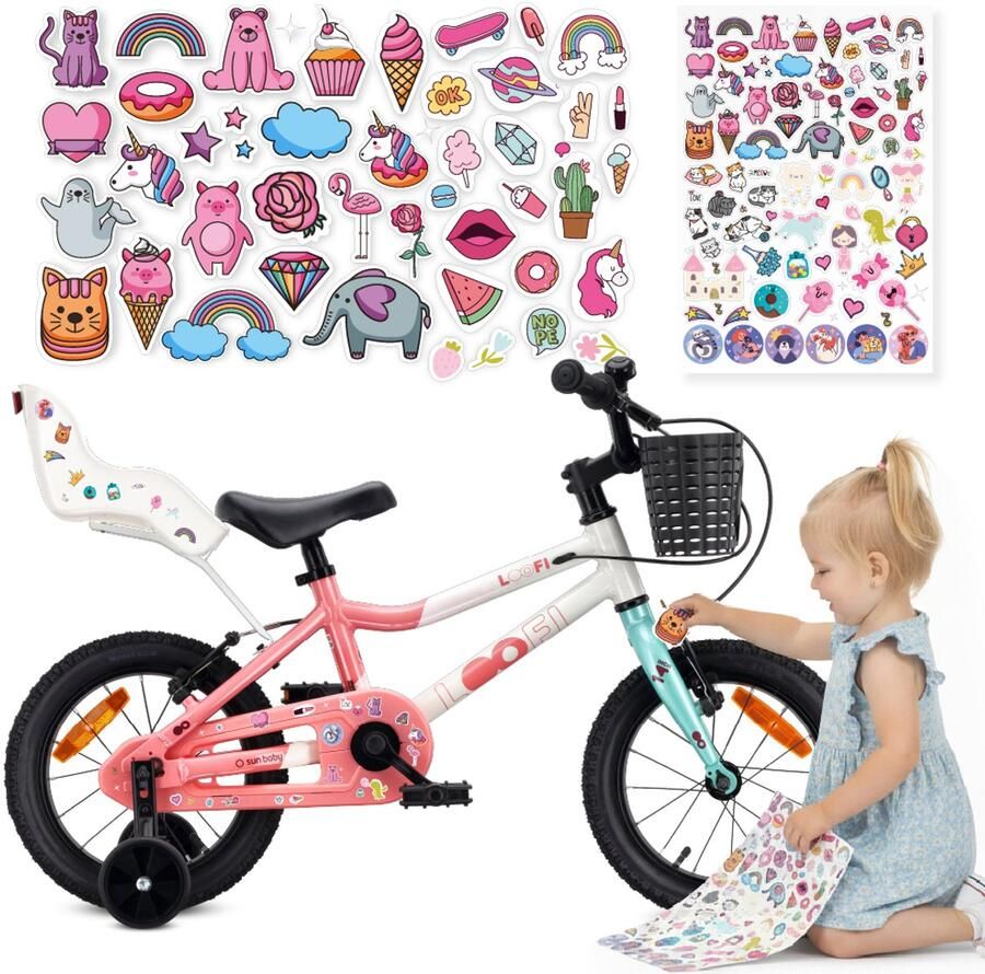 Sun Baby Kinderfiets 14 Inch LOOFI Fiets voor Meisje 3-5 Jaar Max 50 kg lichtgewicht 7 2 kg aluminium frame met poppenzitje zijwieltjes mandje bel stickers Wit-Roze-Mint