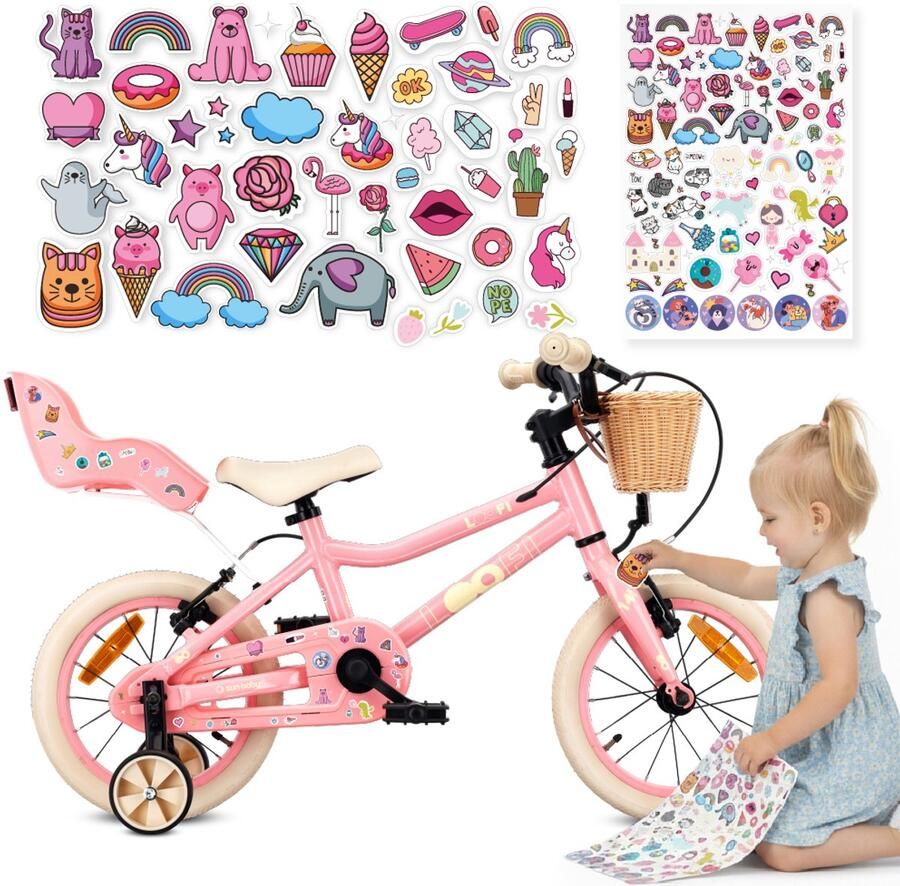 Sun Baby Kinderfiets 14 Inch LOOFI Fiets voor Meisje 3-5 Jaar Max 50 kg lichtgewicht 7 2 kg aluminium frame met poppenzitje zijwieltjes mandje bel stickers Roze