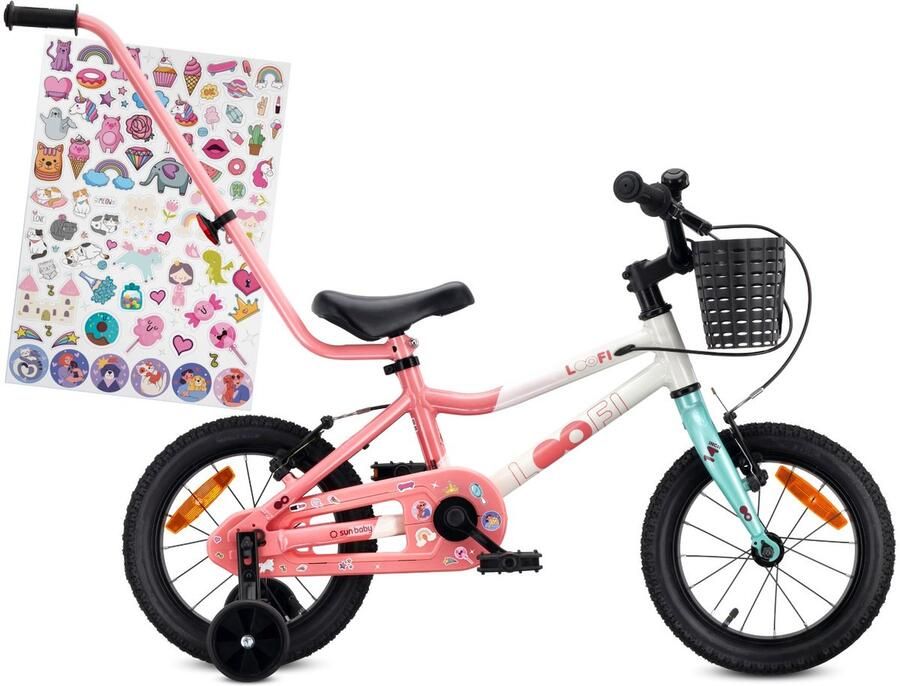 Sun Baby Kinderfiets 14 Inch LOOFI Fiets voor Meisje 3-5 Jaar Max 50 kg lichtgewicht aluminium frame met zijwieltjes mandje bel stickers Wit-Roze-Mint