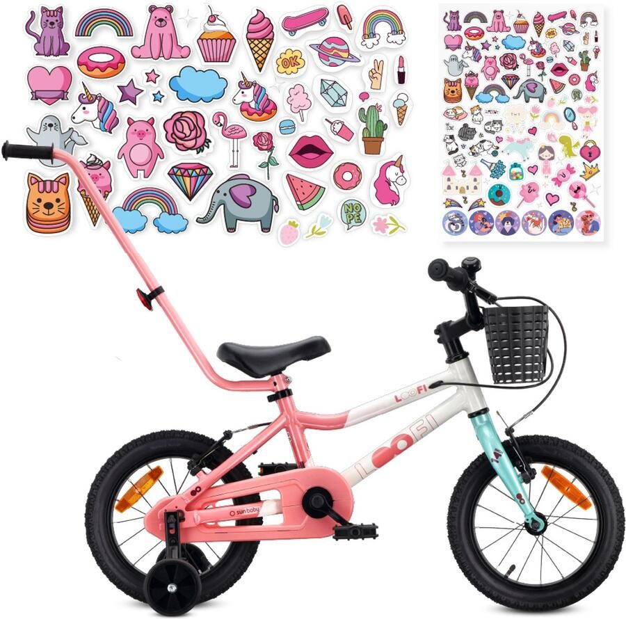 Sun Baby Kinderfiets 14 Inch LOOFI Fiets voor Meisje 3-5 Jaar Max 50 kg lichtgewicht aluminium frame met zijwieltjes mandje bel stickers Wit-Roze-Mint